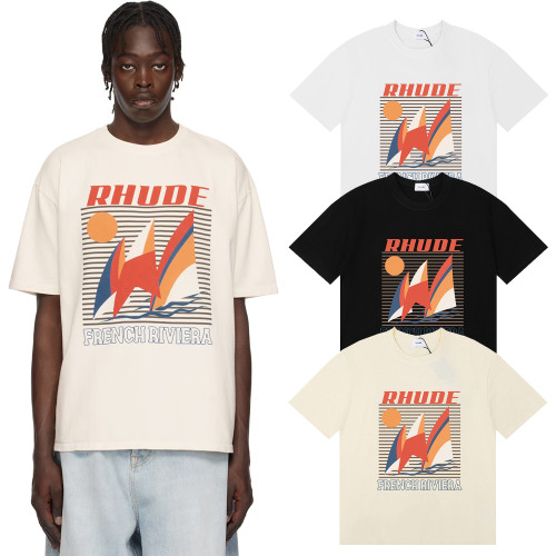 50153* 2024 new beauty trend Rhude Poster sailing sunset printed short-sleeved T-shirt for men and women