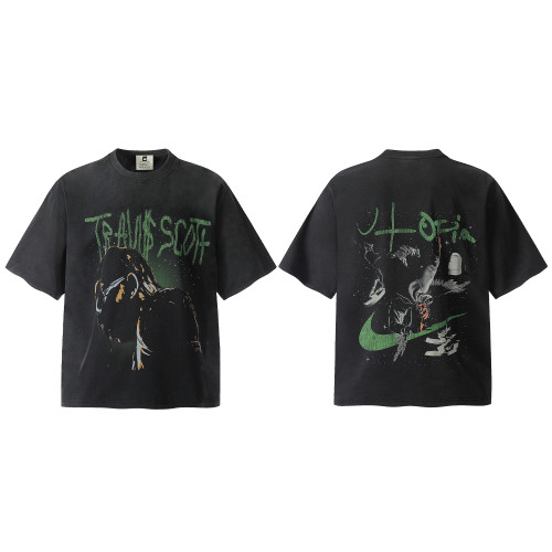 Travis Scott UTOPIA album peripheral BIG FACE portrait performance limited funny print retro distressed washed short-sleeved T-shirt