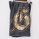 8678*American trendy Godspeed printed washed distressed shorts