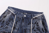 D05* Washed dark blue ink-splashed hand-painted graffiti logo printed jeans