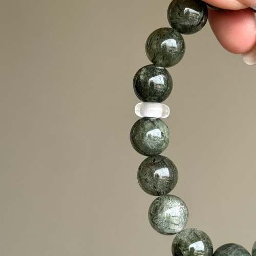 Natural green hair crystal·Agarwood round beads 11mm+bracelet for men and women to attract wealth and luck beads for emotional stability