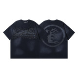 6767* Washed Black + Rhinestone Hellstar Retro Rhinestone Print Short Sleeve T-shirt
