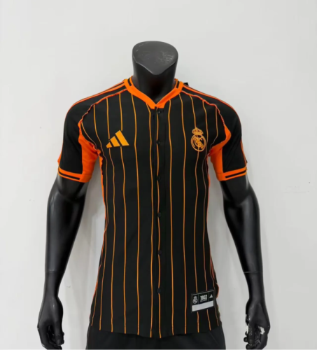 Real Madrid 2025-26 black orange Player Version Baseball jersey(The player version is more slim fit, it is recommended to buy one size larger)