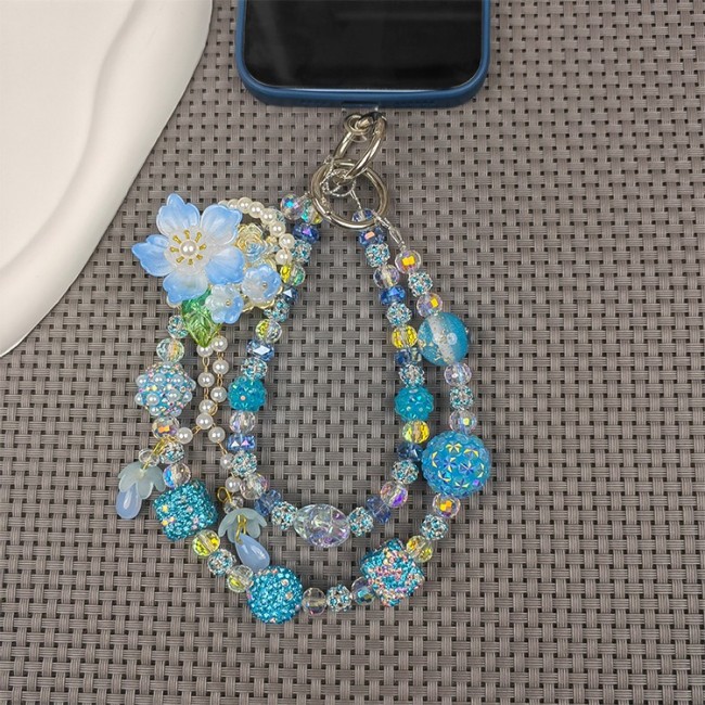 (LL) Double chain diamond ball mobile phone chain beautiful and fashionable mobile phone chain blue flower tassel mobile phone chain