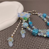 (LL) Double chain diamond ball mobile phone chain beautiful and fashionable mobile phone chain blue flower tassel mobile phone chain