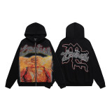 EM506* American Streetwear Mixed Emotion Rhinestone Angel Rhinestone High-Weight Terry Cloth Hoodie Cardigan, Unisex