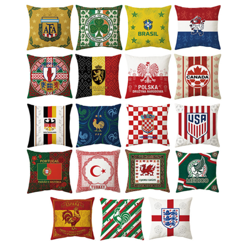 Customized linen cushion covers with national flags and team logos for the 2026 USA-Mexico World Cup; fan merchandise pillowcases.