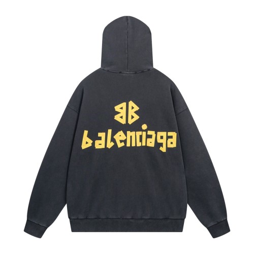 Balenciaga 2023 SS Classic Print Washed Frayed Hooded Sweatshirt