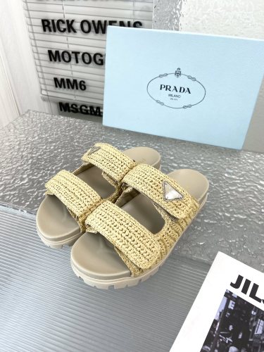 Prada Women's Sandals Braided Thick Sole Triangle Buckle Slippers