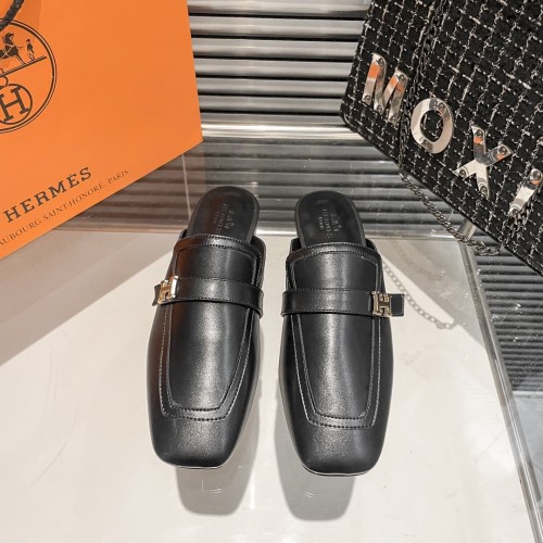 Hermes Half Slippers Mules Square Toe Flat Slippers
