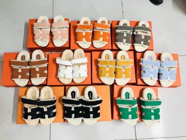 Hermes autumn and winter furry slippers Velcro slippers