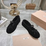 2024ss MIUMIU Furry Shoes Bow Ballet Shoes Furry Flat Shoes