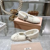 2024ss MIUMIU Furry Shoes Bow Ballet Shoes Furry Flat Shoes