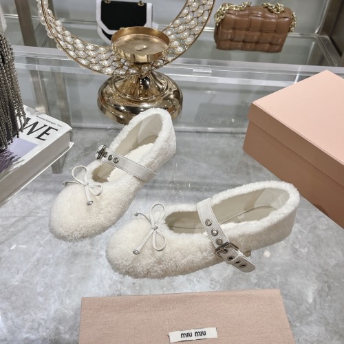 2024ss MIUMIU Furry Shoes Bow Ballet Shoes Furry Flat Shoes