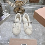 2024ss MIUMIU Furry Shoes Bow Ballet Shoes Furry Flat Shoes