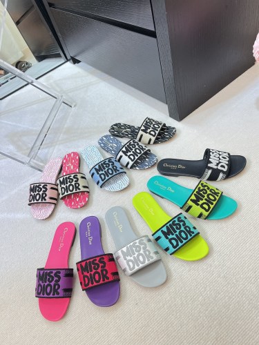 2024 Miss Dior series flat slippers letter embroidered logo color block sandals