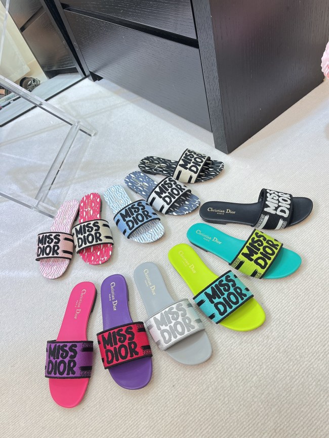 2024 Miss Dior series flat slippers letter embroidered logo color block sandals