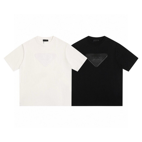 2025ss Prada triangle leather logo couple casual short-sleeved T-shirt Size:S-XL
