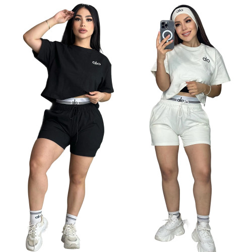 ALO YOGA Solid Color Embroidered Crew Neck Short-Sleeve and Shorts Set