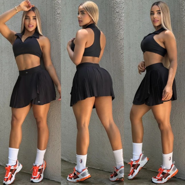 ALO YOGA Summer Sports Sleeveless High-Waisted V-Neck Yoga Pleated Skirt Set - Quick-Drying and Anti-Exposure Size:S-2XL