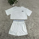ALO YOGA Solid Color Embroidered Crew Neck Short-Sleeve and Shorts Set