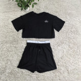 ALO YOGA Solid Color Embroidered Crew Neck Short-Sleeve and Shorts Set