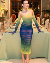 Evening Party Mesh Double Layer Tight Fitting Pleated Sexy Gradient Tube Dress + Gloves