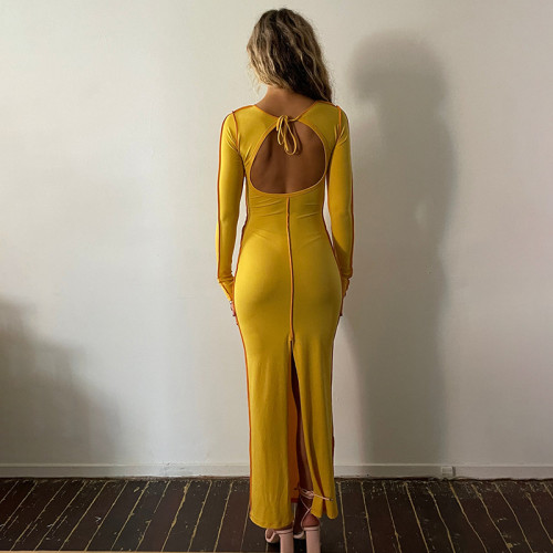 Casual Open Back Sexy Slim Fit Back Slit Full Sleeve Long Dress