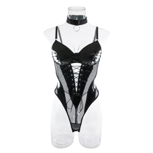 PU Leather Mesh Lace-Up Bodysuit Teddy Lingerie