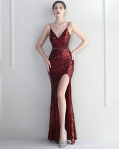 High End Sequined Sexy High Slit Slim Straps Long Evening Dress