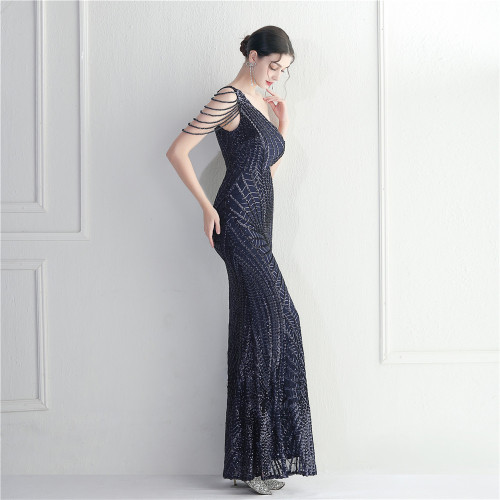 High End Sequined One Shoulder High Slit Slim Long Evening Dress