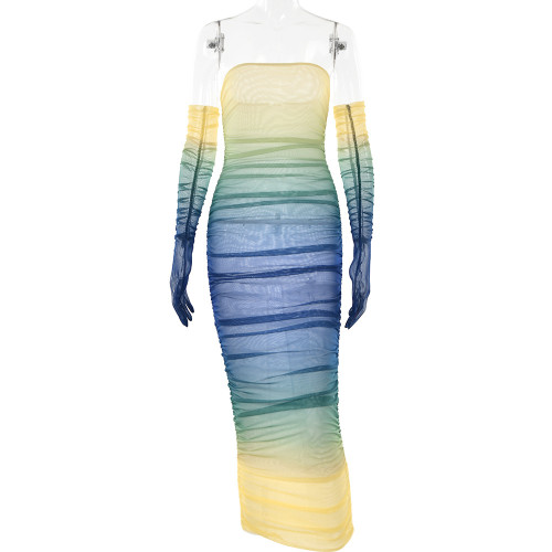 Evening Party Mesh Double Layer Tight Fitting Pleated Sexy Gradient Tube Dress + Gloves