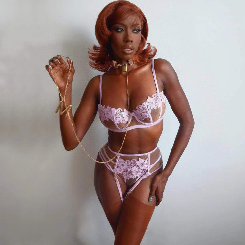 Flower Lace Mesh See Through Sexy Garter Lingerie Set