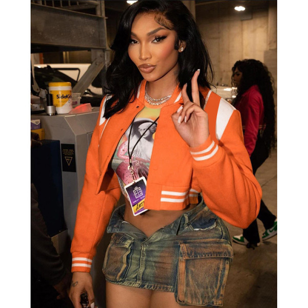 Contrast Color Stripes Long Sleeved Cropped Baseball Jacket