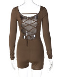 Solid Color Slim Fit Lace-Up Back Long Sleeved Basics Short Jumpsuit