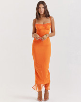 Solid Color Strap Slim Long Dress with Lace Trim