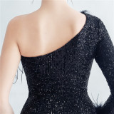 Sequin + Feather One Shoulder Side Slit Long Sleeve Evening Dress