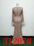 Sequin + Feather Long Sleeves V-Neck Side Slit Evening Dress