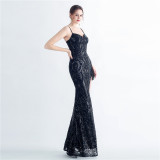 Sequin + Bead Fringe Irregular Strap Evening Dress