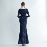 Sequin + Feather Long Sleeves V-Neck Side Slit Evening Dress