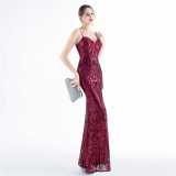 Sequin + Bead Fringe Irregular Strap Evening Dress