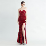 Sequin Bustier Strapless Side Slit Evening Dress