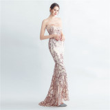 Sequin + Feather Strapless Mermaid Evening Dress