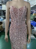 Sequin Bustier Strapless Side Slit Evening Dress
