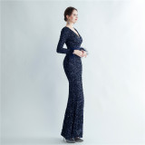 Sequin + Feather Long Sleeves V-Neck Side Slit Evening Dress