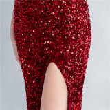 Sequin + Feather Side Slit Corset Evening Dress