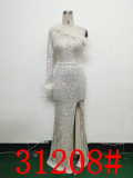 Sequin + Feather One Shoulder Side Slit Long Sleeve Evening Dress