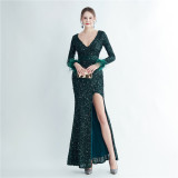 Sequin + Feather Long Sleeves V-Neck Side Slit Evening Dress