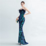 Sequin + Feather Strapless Mermaid Evening Dress