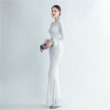 Feather + Sequin Long Sleeves V-Neck Fishtail Evening Dress